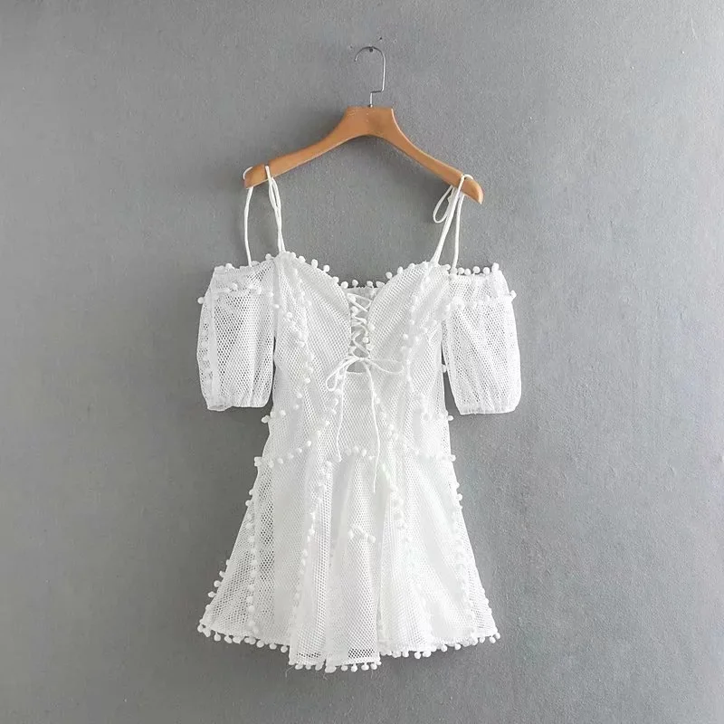 Elegant Hollow Out Party Dress White Slim Strap Patchwork Dress Women Backless Half Sleeve Dresses ropa mujer vestidos