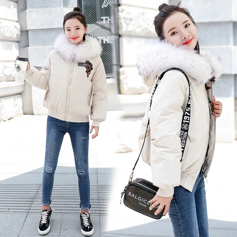 

Off Season 2019 down Cotton Coat Women's Short Large Fur Collar Loose-Fit Thick Crane Embroidery Jacket