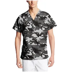 Men V-neck Scrubs Tops Experimenter Scrubs Set Camouflage Short Sleeve Pet Grooming Institutions Uniform Plus Size Nurse Blouse