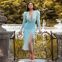

LORIE Vintage Prom Dresses V-Neck Long Sleeves Side Split Tea Length Polka Dot Chiffon Party Evening Gown Graduation Dresses
