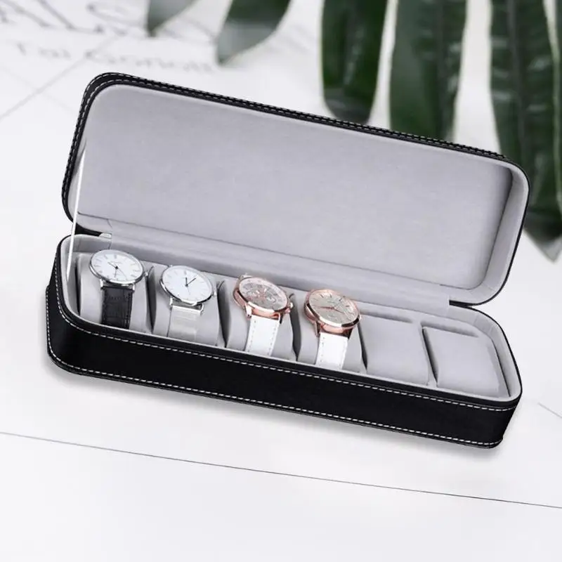 

6 Slots Leather Watch Box Jewelry Bracelet Necklace Storage Organizer With Zipper Classic Multi-functional Bracelet Display Case