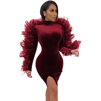 

Mesh Patchwork Ruffles Long Sleeve Bodycon Dress Women Autumn Winter Turtleneck Velvet Elegant Celebrity Night Party Mini Dress