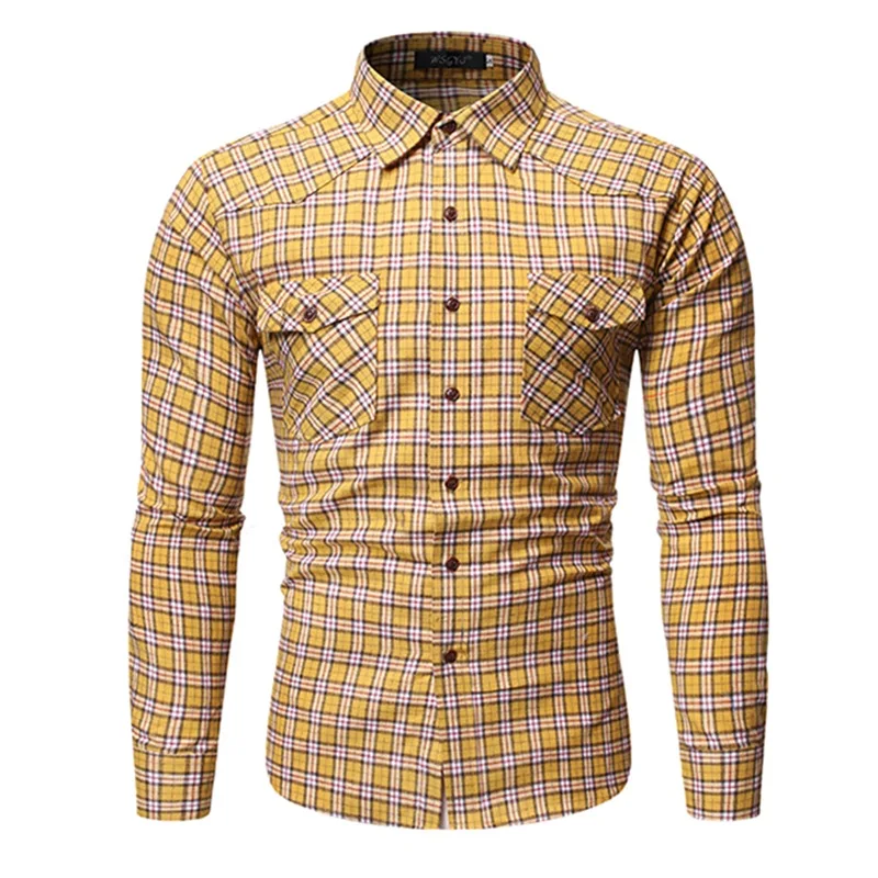 BOLUBAO Брендовые мужские рубашки в стиле кэжуал Осенние новые мужские модные рубашки с длинными рукавами мужские деловые повседневные рубашки в клетку Топы - Цвет: Yellow