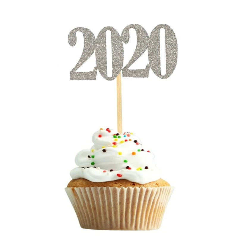 2020 silver 10 шт. Свадебные топперы для торта, золотые и серебряные блестки для кексов, свадебные украшения для девичника, для дома, вечерние, для торта, год - Цвет: 2020 silver