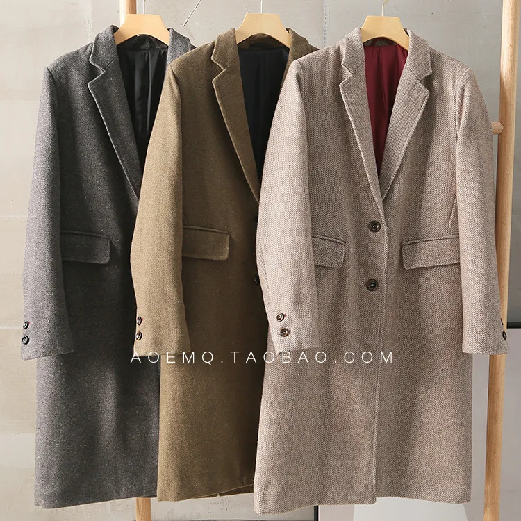 

One's Simple da qi chang Elegant People Pattern Suit Collar Single-Breasted Two-Button Mid-length Woolen Coat Entity