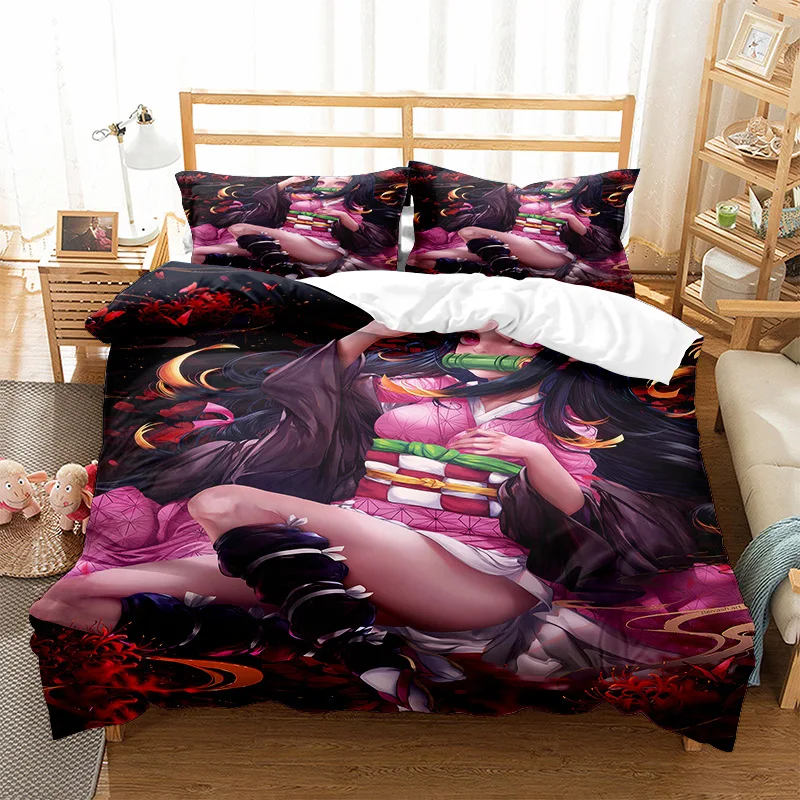 Demon Slayer Bedding Set with Zipper Pillowcases Polyester Microfiber 2/3 Piece Anime Comforter Set Bedspreads for Home Decor