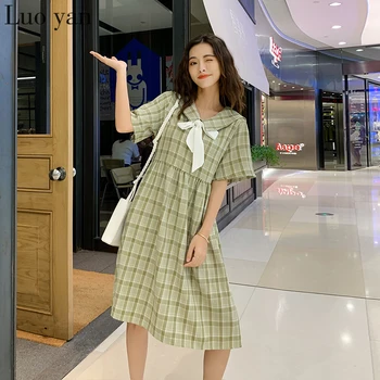 

2020 Femal Green Plaid Small Fresh Midi Dress Summer 4XL Plus Size Polyester Short Sleev Bow Dress Women Bodycon Party Vestidos