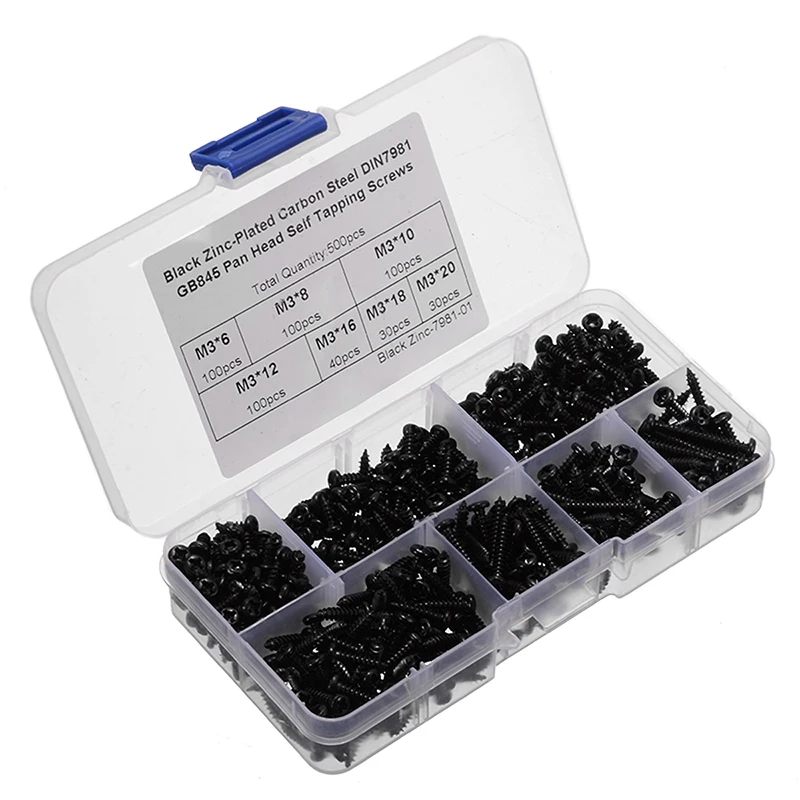 500pcs M3 Black Cross Recessed Round Head Screw Stainless Steel Self Tapping Screws Assortments | Обустройство дома