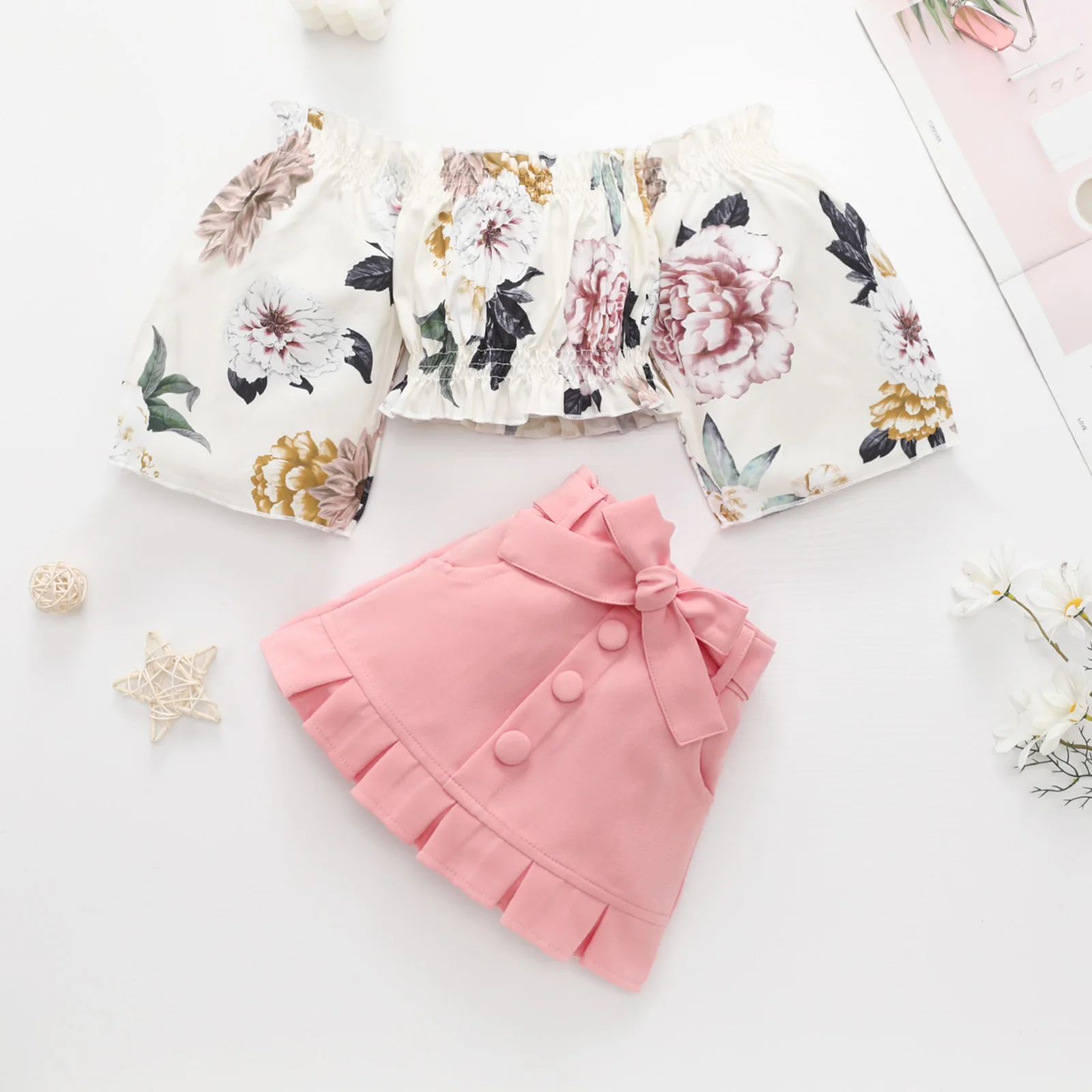 Kids Girls Clothing Sets 1-6Y Autumn Floral Off Shoulder Long Sleeve Tops Buttons Mini Skirts Casual Outfits
