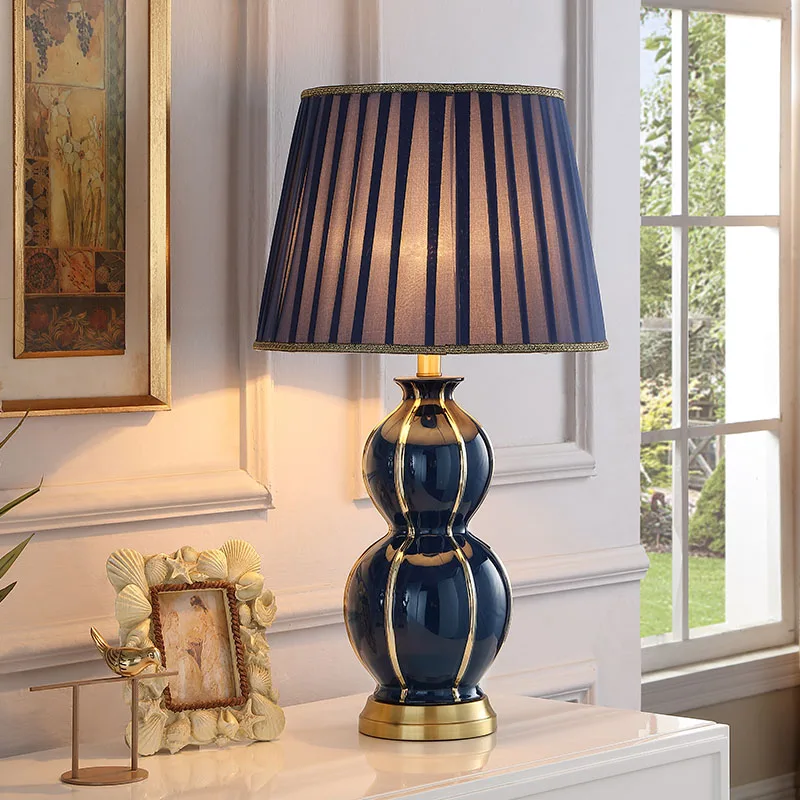 

Golden Lines Depicting Shape Of The Gourd Table Lamp For Living Room Blue Ceramic Lamp Luxury Bedroom Bedside Lamp Decor Lamps