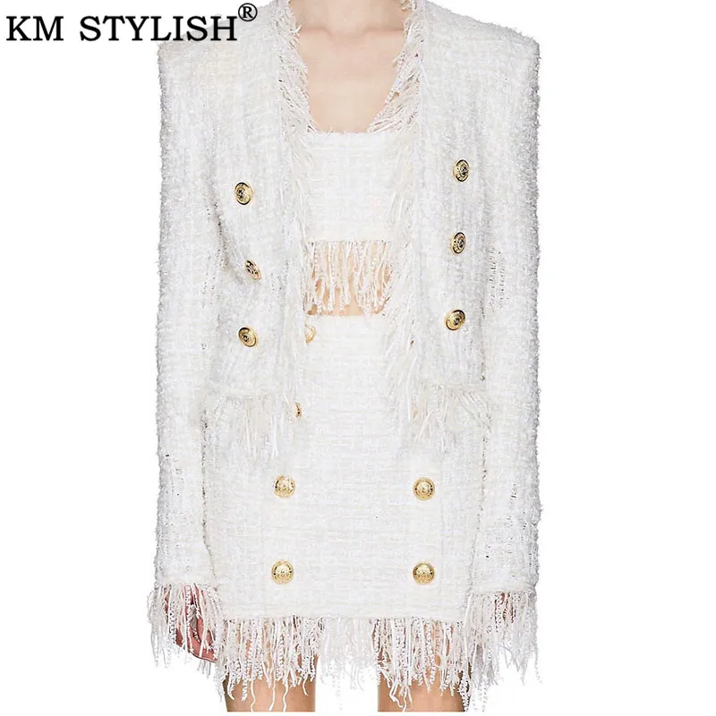 

Women's Suit White Two Piece Set For Lady 2019 Fall Winter New Tassel Woolen Tassel Tweed Short Jacket + Sexy Bag Hip Skirt