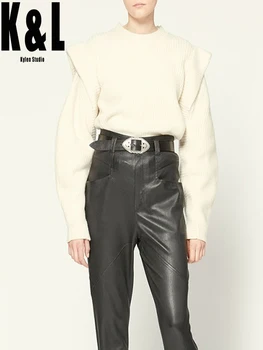 

French vintage white wool loose O-neck pullover sweater ruffled shoulder long-sleeved sweater 2020 autumn winter new ISA