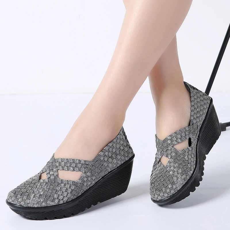 Kopen TKN 2019 Zomer vrouwen geweven platform schoenen slip op casual handgemaakte schoenen chaussure femme wedge sandalen gladiator vrouw 833