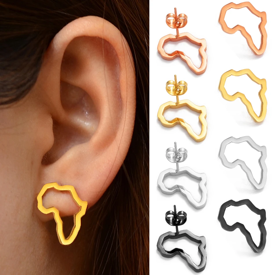 Anniyo Mini Africa Map Stud Earrings Silver Color/Black/Gold African Earrings Small Ornaments Traditional Ethnic  @148121 3