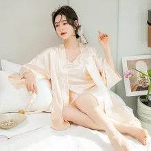 Champagne Kimono Robe Gown Set Lady Sexy V-Neck Short Nightgown Sprng Summer Satin Sleepwear Lounge Bathrobe Intimate Home Dress