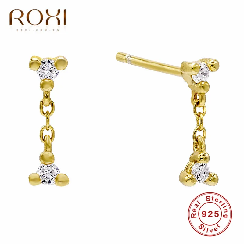 Серьги-гвоздики ROXI из 925 пробы серебра с цирконием и проволочной цепочкой для женщин в подарок