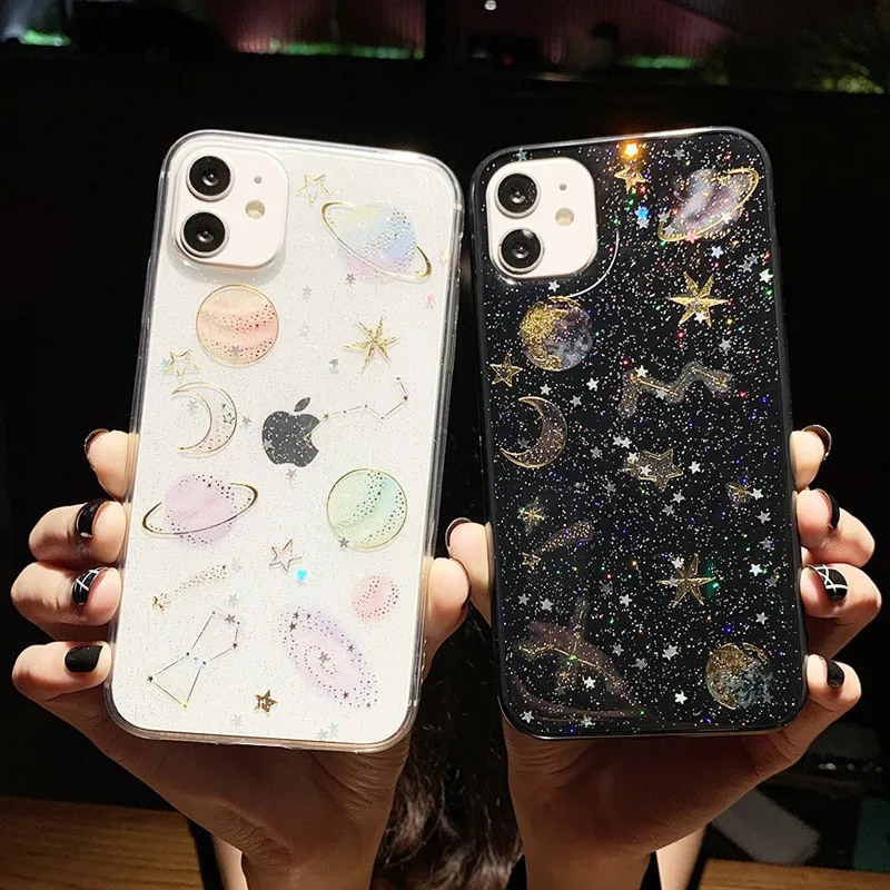 Чехол для iPhone 12 Pro Max 11 X XR XS 7 8 6 6s Plus SE 2020 из ТПУ с блестками звездным небом планетой |
