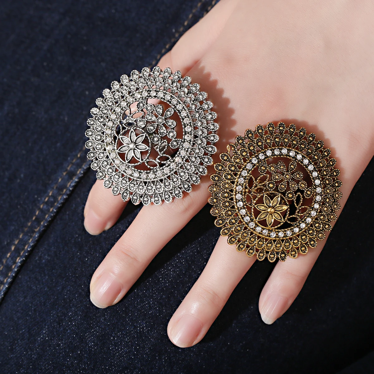 Gold Color Rings Gold Color Ring Finger Ring Silver Ring Wedding Rings Wedding Ring Ethnic Big Silver Color Flower Gold Ring For Women Wedding Jewelry Gift Vintage Hollow Alloy Zircon Rings