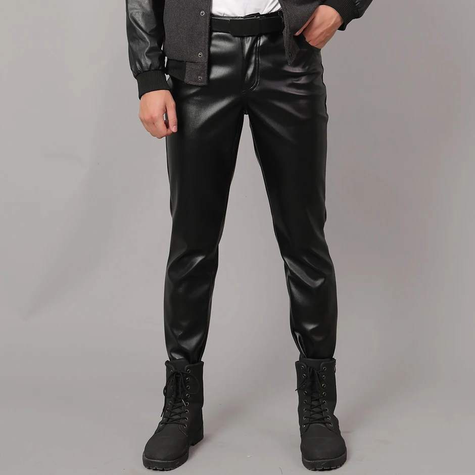 Mens Pants Leather Trousers Motorcycle Punk Stretchable Skinny Slim fit Casual 