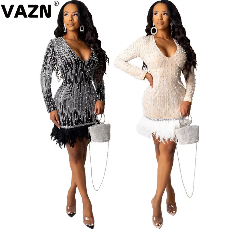 VAZN, осень, официальное, с глубоким v-образным вырезом, а-силуэт, вечерние, в винтажном стиле, для ночного клуба, сексуальное, тонкое, молодежное, мини платье,, длинный рукав, платье для женщин