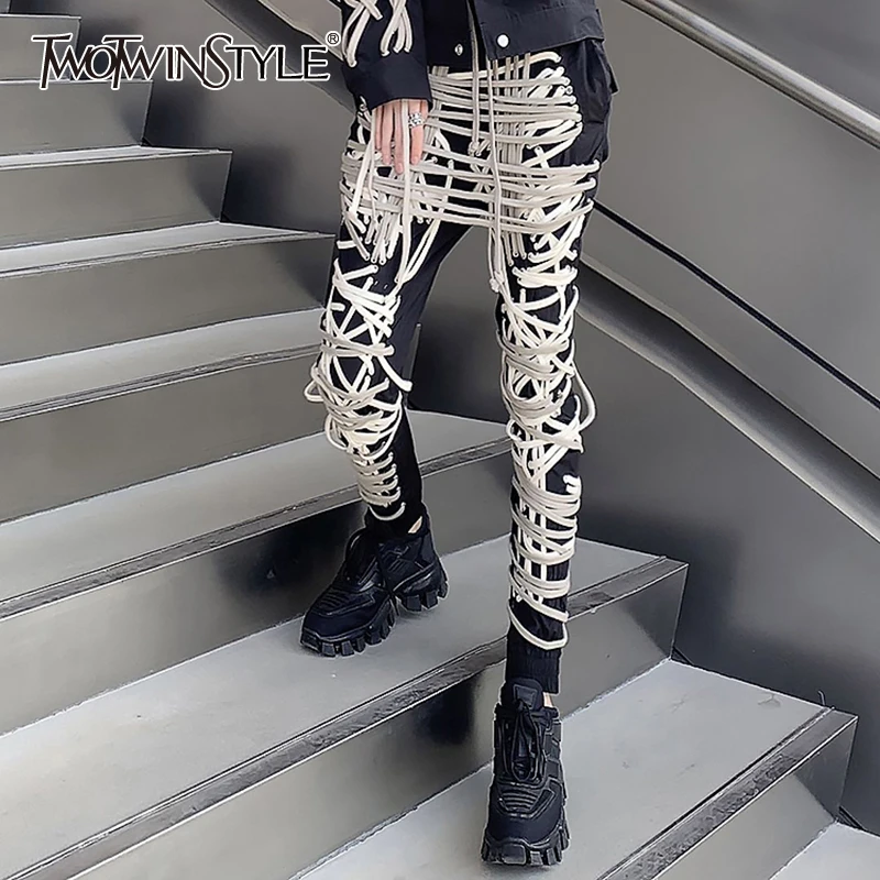 TWOTWINSTYLE Cross Black Pants For Women High Waist Bandage Casual Streetwear Trousers Female Fashion New Clothing 2024 Style