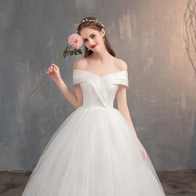 Простой сатин свадебное платье с открытыми плечами Белое Бальное Платье Свадебное Платье сказочное милое платье невесты