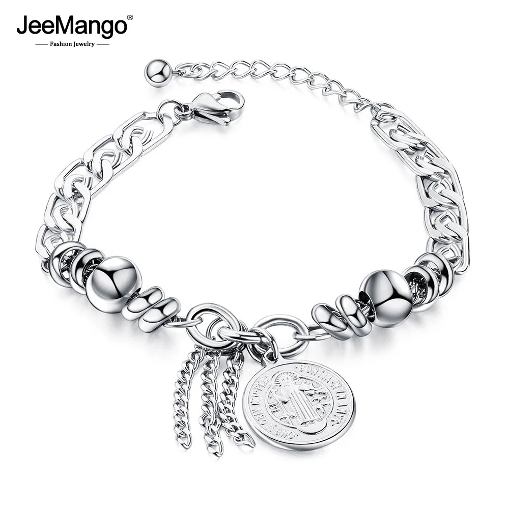 

JeeMango Religious Christ Catholic Cross Tag Charm Bracelet Neo-Gothic Titanium Steel Chain Link Bracelet For Men Women JOGS1027