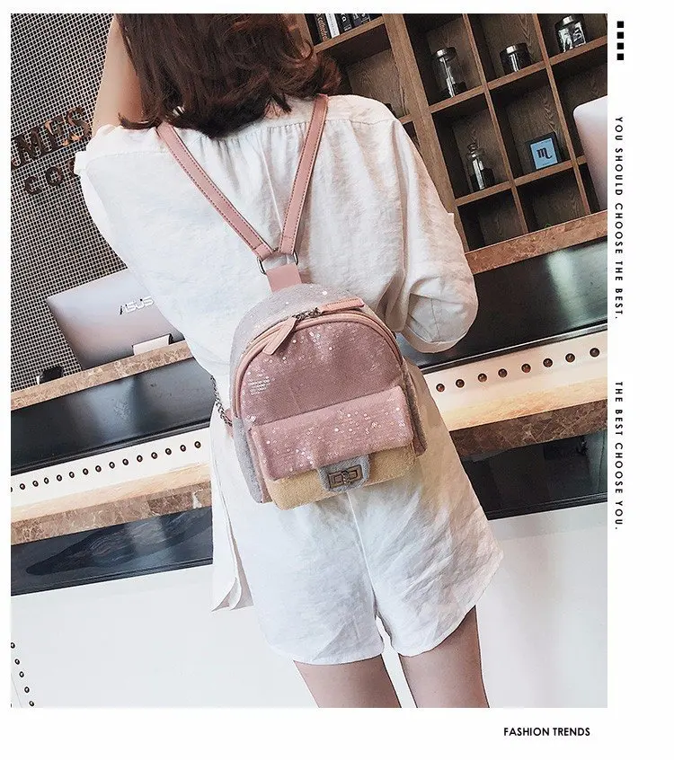 

2018 Early Autumn New Style Fashion Sequin Backpack Women's Cute Contrast Color Backpack Casual Backpack