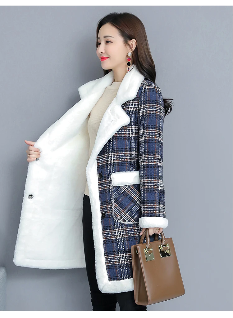 Женское черное клетчатое длинное шерстяное пальто Тренч Свободный теплый толстый однобортный отложной воротник зимние пальто для женщин