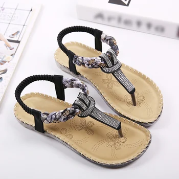 

Bohemia Sandals Ladies Women's Rhinestone T-ties Flip Flops Plus Size 2020 Female Comfortable Casual Elastic Band Footwear