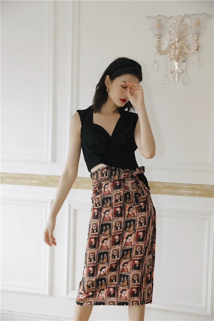 CHEERART Vintage Chiffon Skirts Womens Print High Waist Beach Wrap Skirt Lace Up Ladies Bohemian Skirt Straight Knee Length