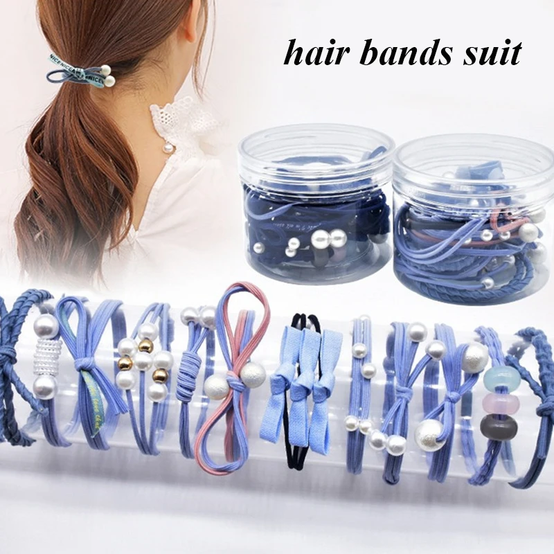 12Ps/Set Elastic Hair Bands For Hair Tie Blue Pink Women Girls Korean Flower Pearl Hair Bands Ponytail Holder Hair Accessories big hair clips Hair Accessories