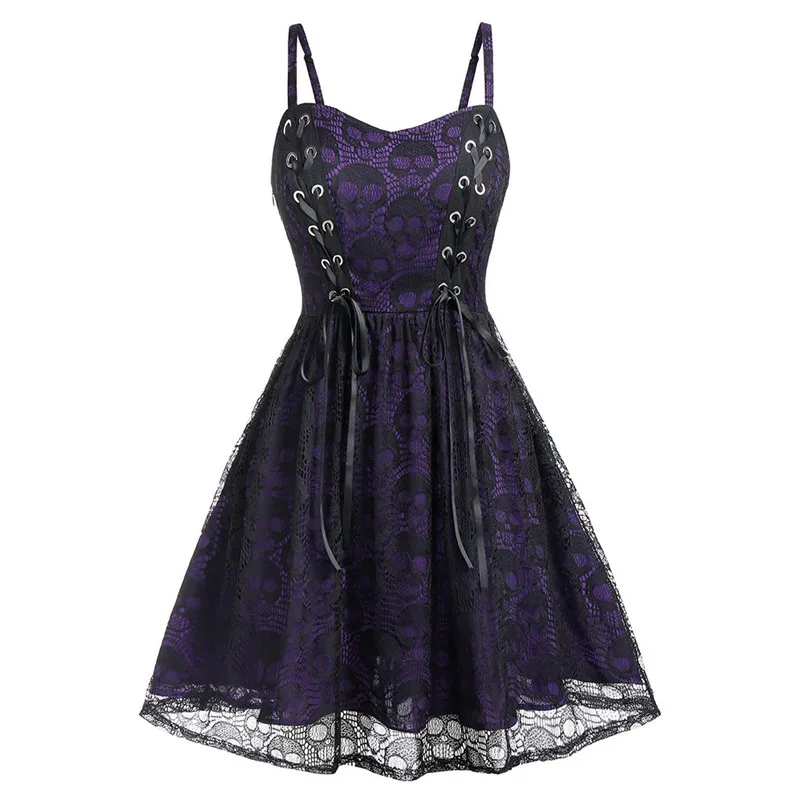 

Women Dress Plus Size 2019 New Halloween Lace Mesh Patchwork Skull Print Sleeveless Camisole Dress Party Dress Vestido 5