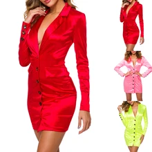 Трендовый женский сатиновый Блейзер, костюмы, блестящий длинный пиджак, платье, ярко-розовый, красный, зеленый, верхняя одежда, однобортное пальто, сценический костюм