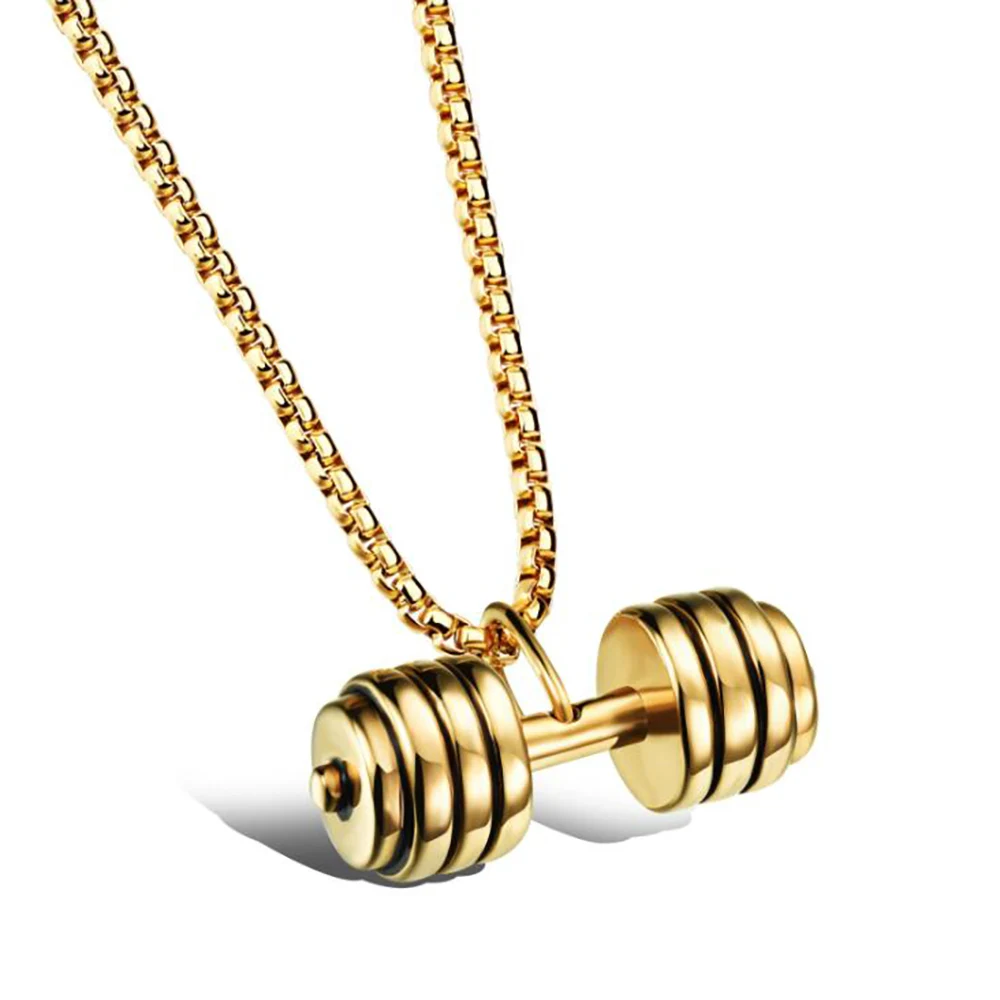 

Stainless Steel Dumbbell Barbell Men Punk Rock Gold Bodybuilding Pendant Necklace Jewelry Gift For Him with Chain