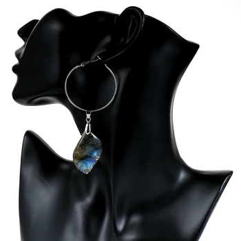 

BOHO Irregular Natural Moonstone Pendant Drop Earrings For Women Hyperbolic 4cm Big Round Circle Labradorite Dangle Earring