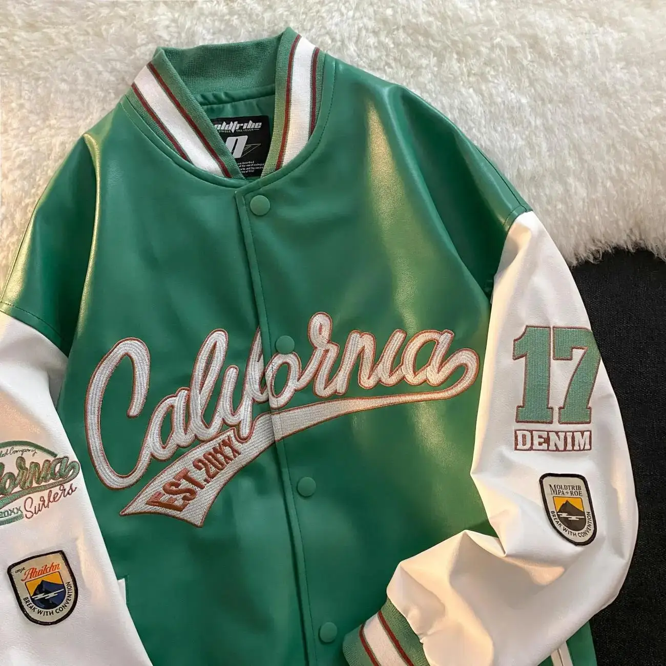 New High Quality Green Leather Baseball Jacket Letter Embroidery
