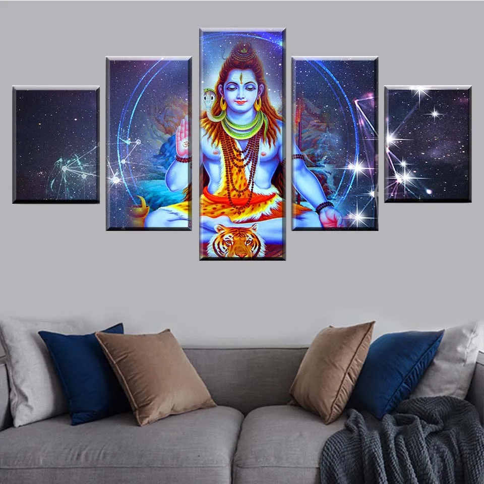 

HD Print 5 Pieces Indian Religious Buddha Statue Shiva Painting Home Decor Canvas Poster Modular Wall Art Photo Frame