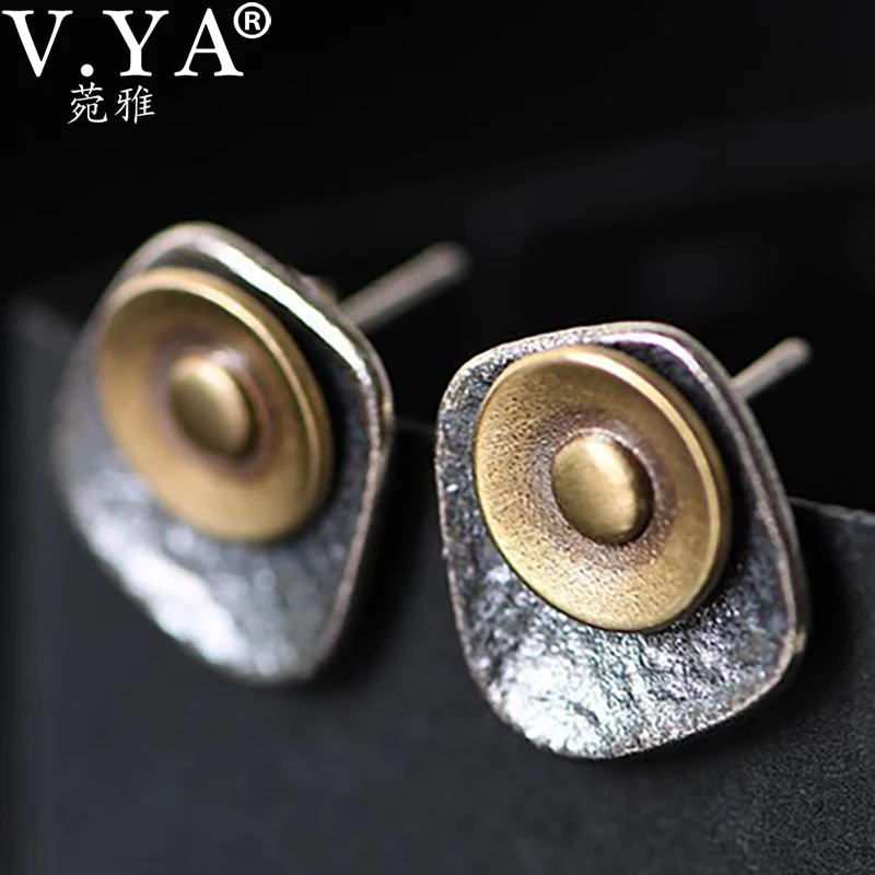V. YA S925 геометрические Круглые Необычные Комбинированные Серьги для женщин, модные серебряные серьги-гвоздики для женщин, подарок для девушек, ювелирное изделие