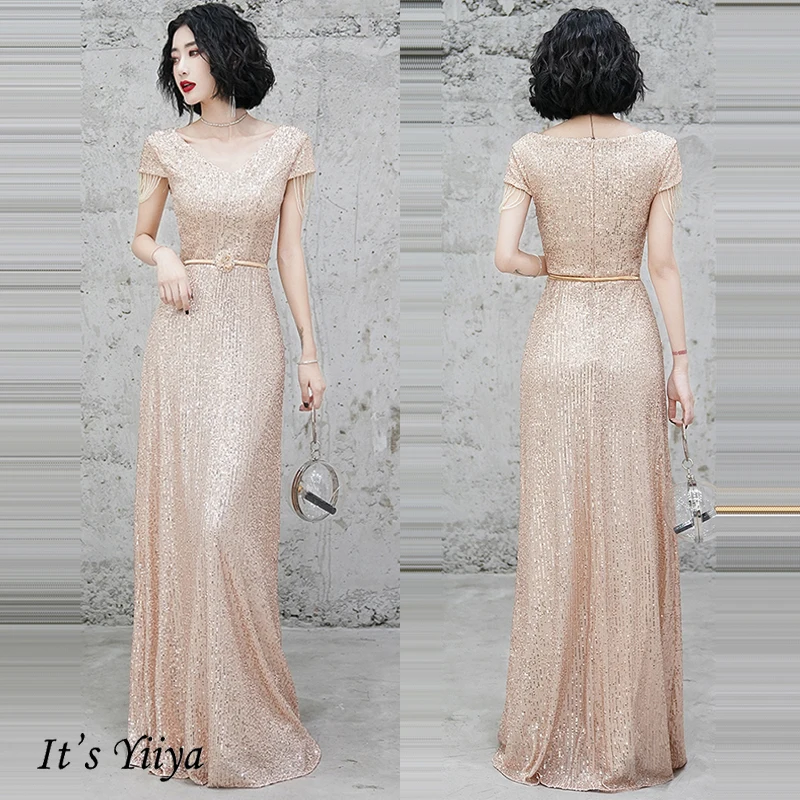 

It's Yiiya Evening Dress Sequins Mermaid Robe De Soiree K014 Elegant V-neck Formal Gowns For Women Long Evening Dresses