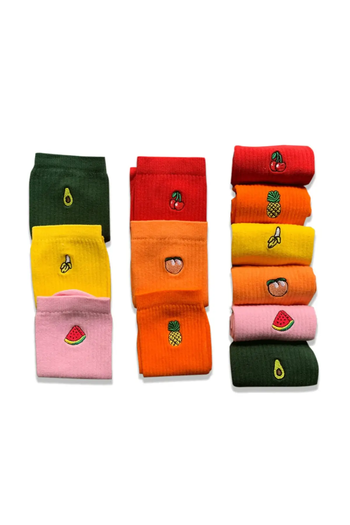 6'lı Fruits Embroidered Colorful Socks Box (36-41) welcome Design Wink Attractive Stylish Appearance Quality Stockings Trend Fashion 2021 Style New