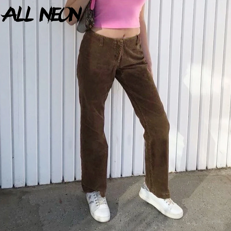 

ALLNeon Indie Aesthetics Slim Brown Corduroy Pants Y2K Vintage Low Rise Straight Trousers Harajuku 90s Streetwear Fall Bottoms