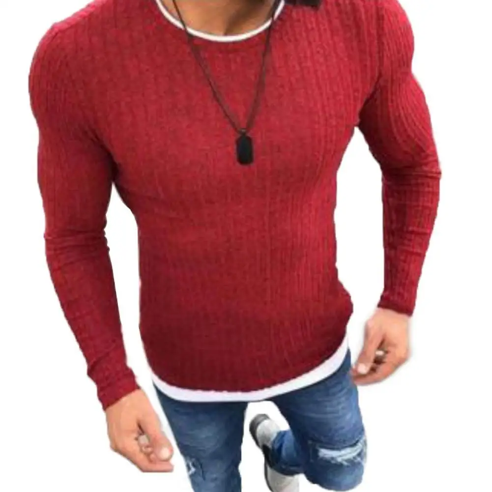 Jersey de punto de manga larga para hombre, Jersey delgado de Color liso con cuello redondo para invierno
