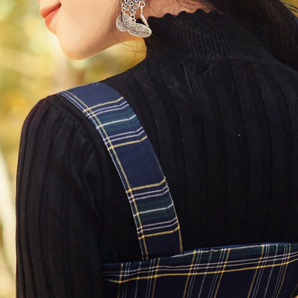 Элегантные корейские комплекты из двух предметов, осенние базовые однотонные пуловеры с длинными рукавами, топы и клетчатые Длинные платья длиной до щиколотки с бантом, синие костюмы
