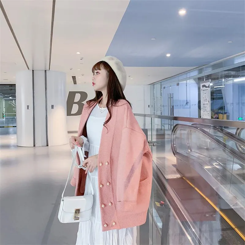 Knit jacket female 2019 spring and autumn new double-breasted retro sweater in the long cardigan thick warm |