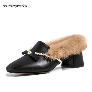 

Gentle Pearl Fur Slippers Women's Mid-heel Autumn Winter New Style Lady's Square Toe Thick Heel Leather Plus Velvet Mules