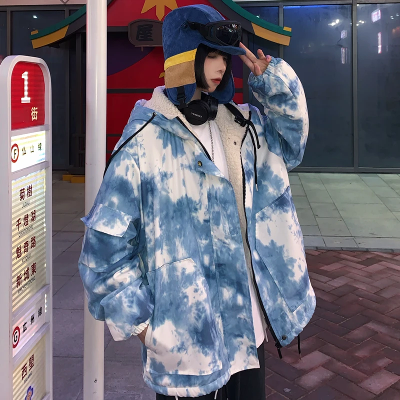 

Autumn And Winter Street Winter Lamb Wool Coat Drawstring Hooded Pocket Jacket Thick Tie-Dye Jacket Windbreaker