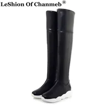 Женские сапоги до бедра из искусственной кожи; Женская Белая обувь на платформе; обувь на Плоском Каблуке с замком-молнией; зимние женские сапоги выше колена; большие размеры 46