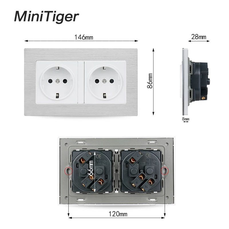 Minitiger черный Алюминиевый металлический блок розеток ЕС стандартная розетка 16A стандарт ЕС Электрический двойной выход 146 мм* 86 мм