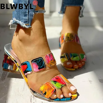 

Crystal Sandals Women Square Heels Summer Sandals Peep Toe Multi Colors Sandals Ladies Wedge Shoes Sandales Femme 2020